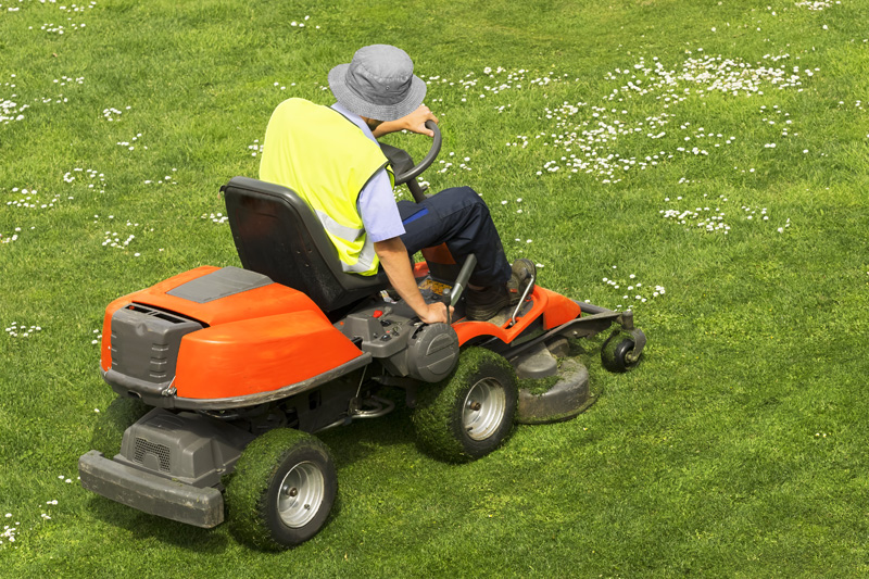 A person on a sit down lawnmower cutting grass