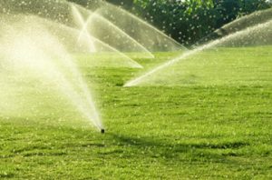 A number of sprinklers water a grassy field