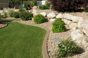 Lawn with hardscaping and shells